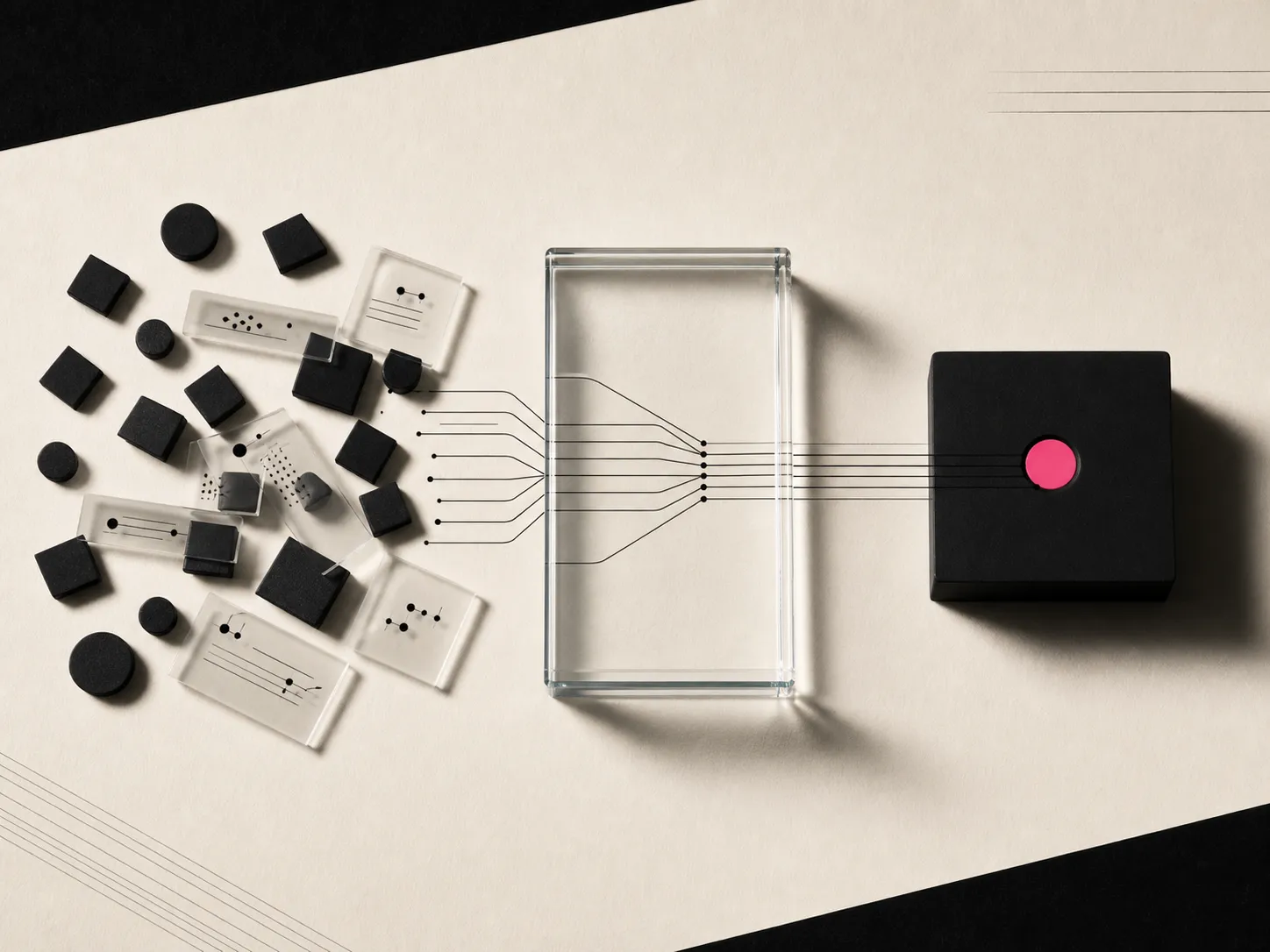 Fragmented black identity tokens aligning through glass into one clear object with a hot-pink core
